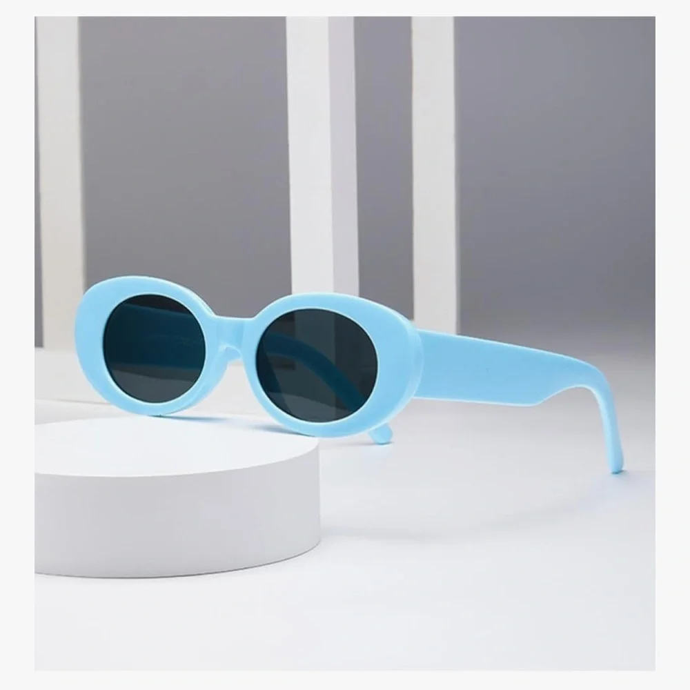 Retro Inspired Grey Blue Oval Sunglasses